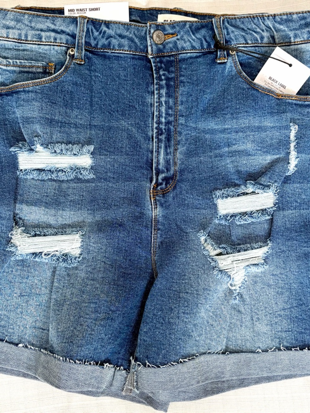 Black Label Denim Jeans - Light Blue with Gold Stitching mid waist distressed